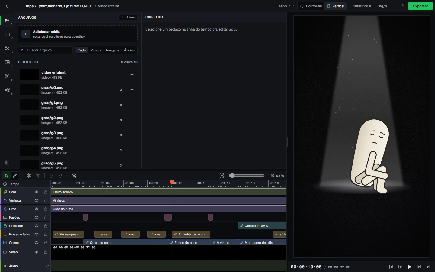 O VKOS Studio com um vídeo montado: a prévia à direita e a linha do tempo com as camadas embaixo.